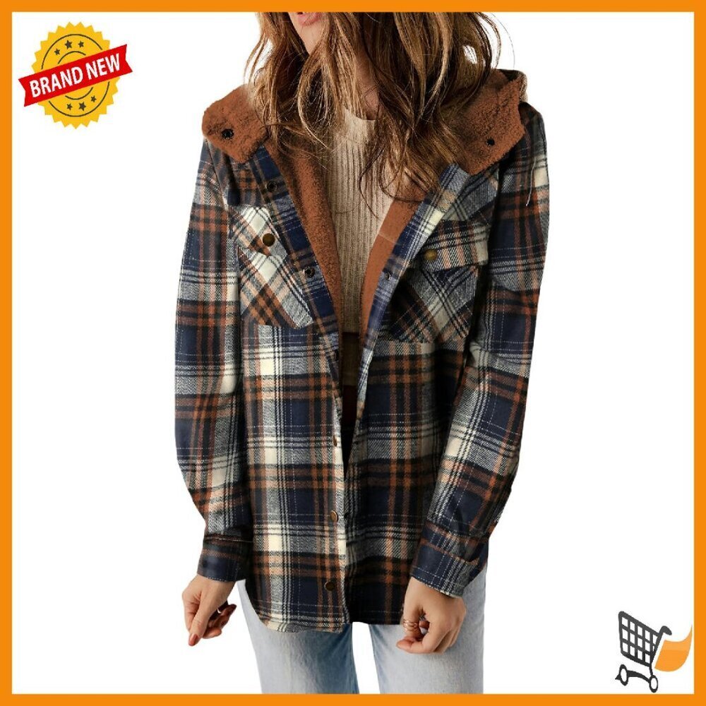 Fleece-Lined Plaid Hooded Shacket Jacket Long Sleeve Button Down